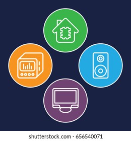Electronic icons set. set of 4 electronic outline icons such as display, loud speaker with equalizer, loudspeaker
