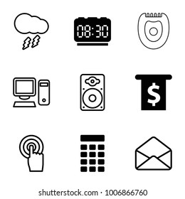 Electronic icons. set of 9 editable filled and outline electronic icons such as money in atm, intercom, digital clock, touchscreen, envelope, loudspeaker, pc, thunderstorm