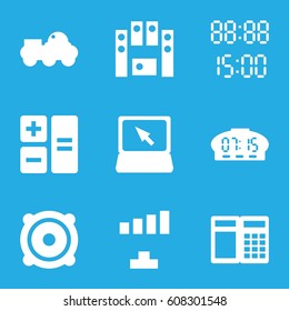Electronic icons set. set of 9 electronic filled icons such as signal, laptop, speaker, loud speaker set, robot, digital time, digital clock, calculator