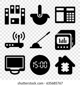 Electronic icons set. set of 9 electronic filled icons such as display, arm lever, loud speaker set, loud speaker with equalizer, router, robot, digital clock, cpu in house