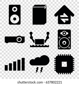 Electronic icons set. set of 9 electronic filled icons such as washing machine, loudspeaker, home connection, signal, thunderstorm, router, cpu