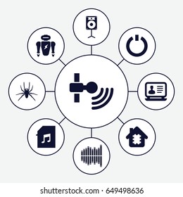 Electronic icons set. set of 9 electronic filled icons such as spider, laptop, memory card with music, equalizer, loudspeaker, switch off, cpu in house, robot