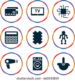 Electronic icons set. set of 9 electronic filled icons such as hair dryer, washing machine, calculator, tv, robot, cpu