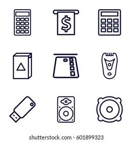 electronic icons set. Set of 9 electronic outline icons such as electric razor, washing machine, speaker, loudspeaker, calculator, usb drive, money in atm