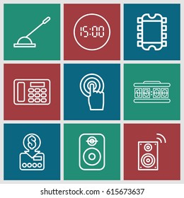 Electronic icons set. set of 9 electronic outline icons such as touchscreen, arm lever, desk phone, speaker, music loudspeaker, digital clock, put money on card