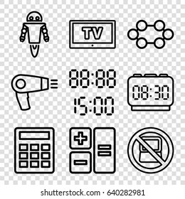 Electronic icons set. set of 9 electronic outline icons such as no laptop, hair dryer, tv, robot, digital time, digital clock, calculator