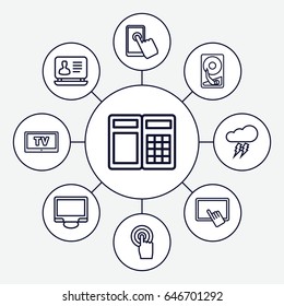 Electronic icons set. set of 9 electronic outline icons such as finger on tablet, laptop, touchscreen, display, thunderstorm, tv, hard disc