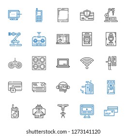 electronic icons set. Collection of electronic with credit card, computer, industrial robot, walkie talkie, atm, motherboard, audiobook. Editable and scalable electronic icons.