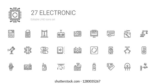 electronic icons set. Collection of electronic with debit card, pendrive, cashier, industrial robot, walkie talkie, open book, smartwatch. Editable and scalable electronic icons.