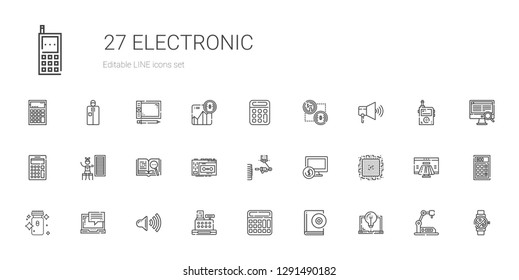 electronic icons set. Collection of electronic with laptop, audiobook, calculator, cashier, speaker, electric razor, cpu, computer, industrial robot. Editable and scalable electronic icons.