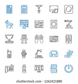 electronic icons set. Collection of electronic with power, voice recorder, monitor, pendrive, cpu, escalator, video games, industrial robot. Editable and scalable electronic icons.