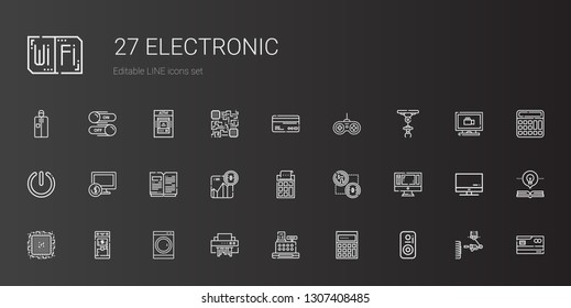 electronic icons set. Collection of electronic with speaker, calculating, cashier, shredder, washing machine, atm, cpu, monitor, bitcoin. Editable and scalable electronic icons.
