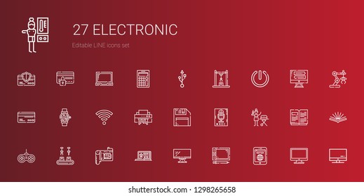 electronic icons set. Collection of electronic with tablet, graphic tablet, monitor, laptop, cpu, industrial robot, gamepad, portable. Editable and scalable electronic icons.