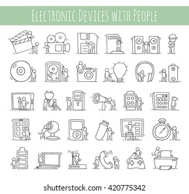 Electronic icons set of sketch working little people with computer, camera. Doodle cute miniature scenes of workers with gadgets. Hand drawn cartoon vector illustration for technology design.