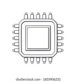 Electronic Integrated circuit top view. Outline. Vector illustration. Computer microchip or nano processor. Artificial intelligence at future technology. Hand drawn sketch. Isolated white background