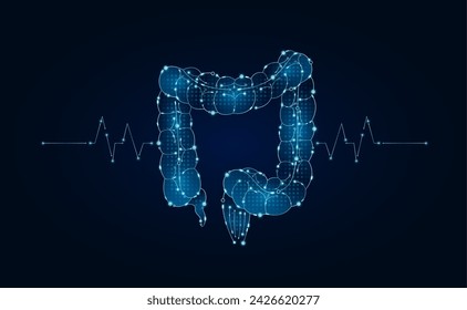 Electronic intestine and pulse wave glowing between connecting lines. Human organ microchip data circuit code. Medical science of technology futuristic digital innovative health care. Vector EPS10.