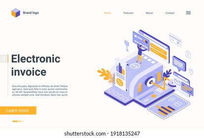 Electronic invoice bill, digital finance technology isometric vector illustration. Cartoon 3d mobile payment from online financial bank account, user tiny character paying by credit card landing page