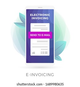Factura electrónica, concepto de icono de vector plano de facturación digital. Banco en línea, pagos en línea o factura electrónica con facturación electrónica en la pantalla del smartphone aislados en fondo blanco