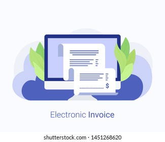 Electronic invoice, internet payments, protection money transfer, online bank, budget accounting, electronic bill. Laptop with paper receipt. Trendy flat style. Vector illustration.