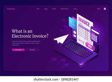 Electronic invoice isometric landing page. Bill for service payment, bank card and calculator on laptop screen. Shopping, banking, accounting paycheck virtual smart technologies 3d vector web banner