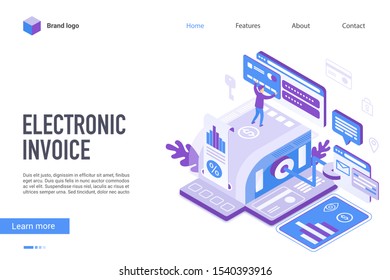 Electronic invoice landing page vector template. Internet banking, e invoicing website homepage interface layout with isometric illustration. Paying taxes online web banner, webpage 3D concept