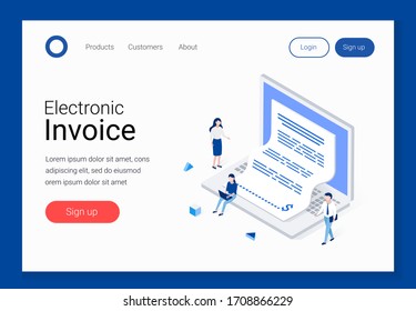 Electronic invoice, notice of payment isometric concept. Laptop with a check coming out of the screen. Office man and woman characters. Landing page templates. Trendy 3d flat style vector illustration