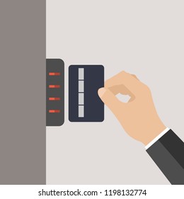 Electronic key card system. Swipe card reader. Security system. Vector isolated illustration. 