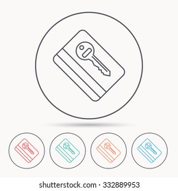 Electronic key icon. Hotel room card sign. Unlock chip symbol. Linear circle icons.