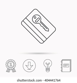 Electronic key icon. Hotel room card sign. Unlock chip symbol. Download arrow, lamp, learn book and award medal icons.