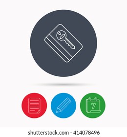 Electronic key icon. Hotel room card sign. Unlock chip symbol. Calendar, pencil or edit and document file signs. Vector