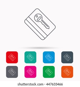 Electronic key icon. Hotel room card sign. Unlock chip symbol. Linear icons in squares on white background. Flat web symbols. Vector