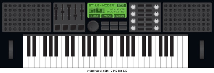 Teclado electrónico. Sintetizador de efecto del procesador musical. Teclas modernas de piano electrónico. Ilustración vectorial de estilo realista.