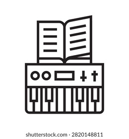 Electronic keyboard with an open book outline icon, music theory and learning music concept.