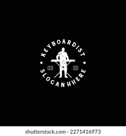 electronic keyboardist logo, silhouette man playing on synthesizer logo template, with grunge effect