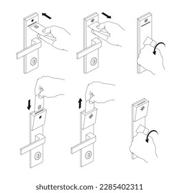 Electronic keycard door opening instruction with arrows linear isometric vector illustration. Indoor access control security unlock system safety key card technology user scheme for open room