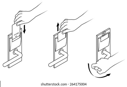 Electronic keycard door opening instructions diagram. Insert and remove card top slot.