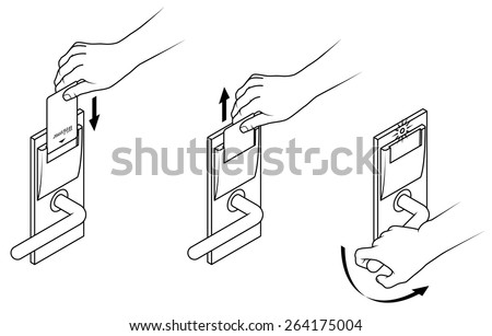 Electronic keycard door opening instructions diagram. Insert and remove card top slot.