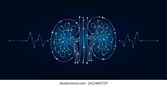 Elektronische Nieren-und Pulswelle, die zwischen Verbindungsleitungen leuchtet. Menschlicher Organmikrochip-Datenleitcode. Medizinische Wissenschaft der Technologie futuristischen digitalen innovativen Gesundheitsversorgung. Vektor EPS10.