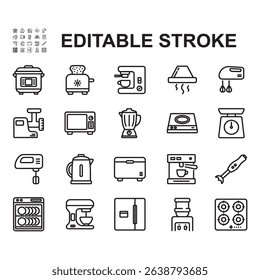 Electronic kitchen appliances line icon set. Modern graphic design concept. Contains icons such as rice cooker, blender, electric stove and more.