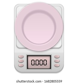 Electronic kitchen scales for products. White dish plate. Weight measurement. Kitchen dishes for food. Scales for weighing. Measuring device. Vector illustration isolated on a white background.
