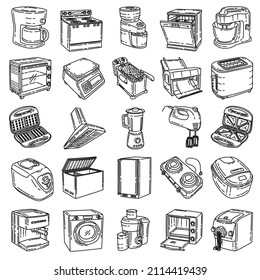 Electronic for Kitchen and Washing Device Hand Drawn Set Icon Vector.