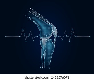 Elektronisches Kniegelenk, Knochen und Pulswellen glühen zwischen den Verbindungsleitungen. Chip-Datenschaltungscode für ein menschliches Organ. Medizinische Wissenschaft der Technologie futuristische digitale innovative Gesundheitsversorgung. Vektor.