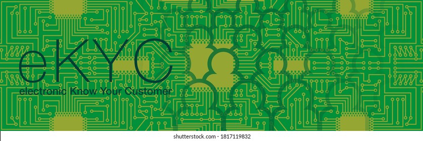 elektronisch Ihren Kunden kennen. eKYC. Überschneidung elektronischer Schaltungen und Menschen. Bild-Illustration der elektronischen persönlichen Authentifizierung. Erstellt mit Vektordaten.