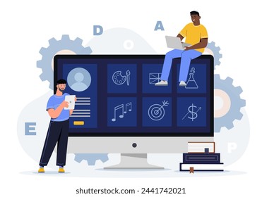 Electronic learning concept. Two men with laptops and computer. Online courses and lessons for university and college. Distant education and training. Cartoon flat vector illustration