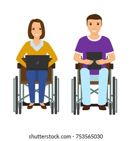 Electronic learning disability people man and woman in wheelchair. Male and female with laptop and ebook isolated on a white background. Flat style vector illustration.