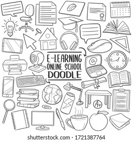 Electronic Learning Doodle Icon Set. Online School Vector Illustration Collection. Hand Drawn Line Art Style.