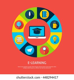 Electronic Learning Flat Infographic Concept. Vector Illustration of Online Education Infographics Circle with Laptop and Circle Icons.