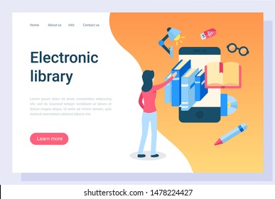 Electronic library access vector, education and getting knowledge from publication. Ebooks and online application for reading, exam preparation. Website or webpage template, landing page flat style
