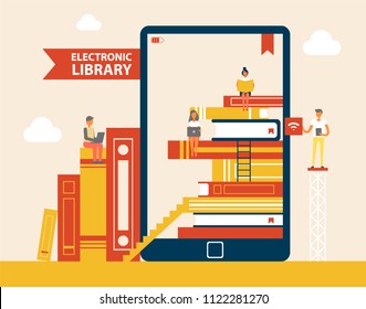 Electronic Library Books Set Poster, E-book Screen With People Reading Publications, Ladder And Bookmarks, E-learning Device Vector Illustration