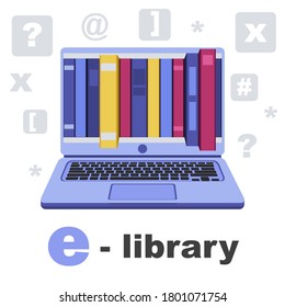 Electronic library in the computer. Electronic Books, on the monitor of an open laptop. Vector illustration.